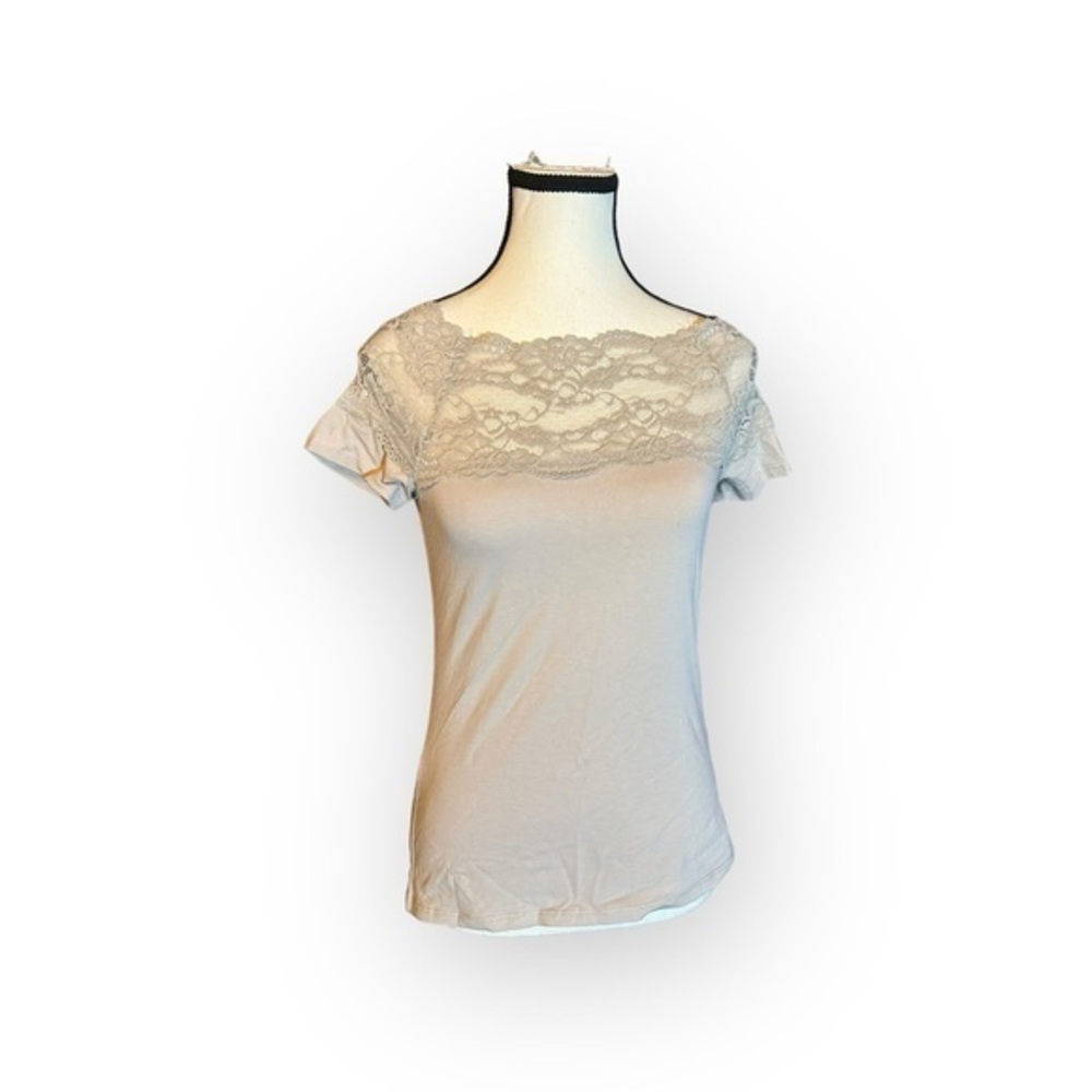 🆕 NWT H&M Beige Short Sleeve Top with LaCe Band Bust S Small